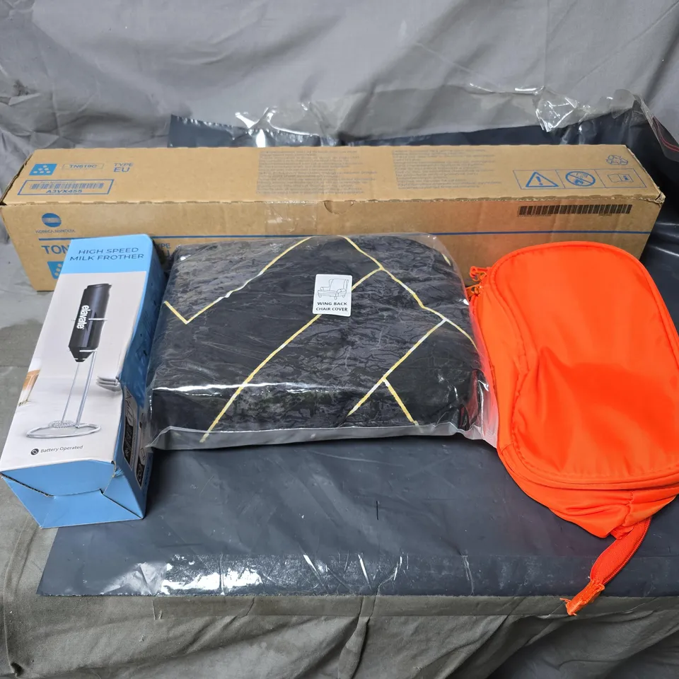 APPROXIMATELY 20 ASSORTED HOUSEHOLD ITEMS TO INCLUDE PRINTER TONER, TOILETRIES BAG, WING BACK CHAIR COVER, MILK FROTHER ETC