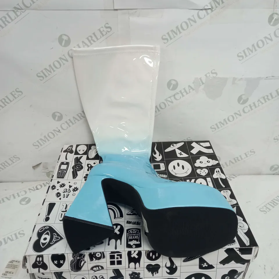 BOXED PAIR OF KOI FOOTWEAR BUBBLEGUM BURST HEELED LONG BOOTS IN BLUE OMBRE PATENT - SIZE 5