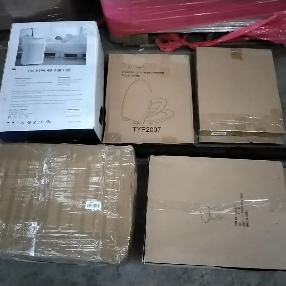 PALLET OF ASSORTED ITEMS STOREMIC TOILET SEAT, MAXKARE FOOT SPA MASSAGER, LEGACY HOMEWARE PIZZA STONE & PEEL SET, SULMANS STAND FAN, THE HEPA AIR PURIFIER, SUNDEE TOILET SEAT 