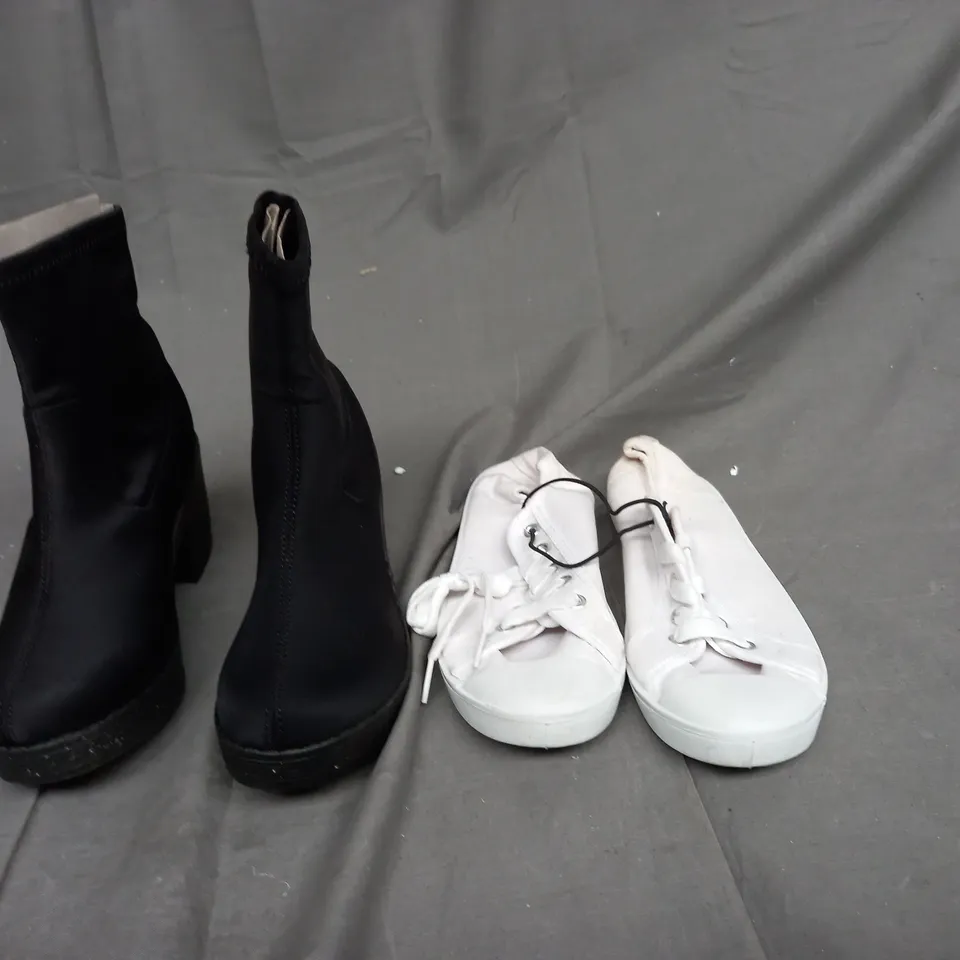A BOX OF APPROXIMATELY 15 SHOES. TWO OF THEM INCLUDE A BLACK BOOT, AND WHITE FLATS - VARIOUS SIZES