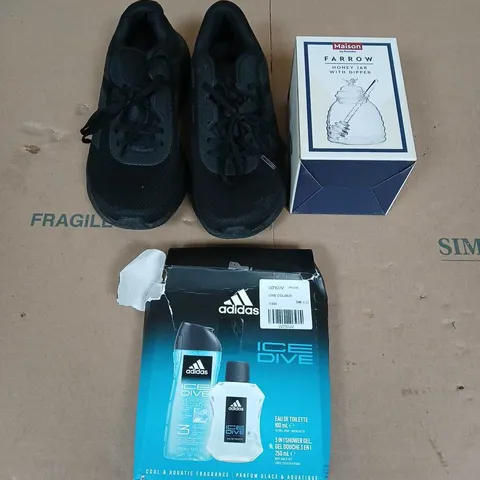 BOX OF APPROXIMATELY 8 ASSORTED HOUSEHOLD ITEMS TO INCLUDE - SIZE 8 BLACK RUNNING SHOES - FARROW HONEY JAR WITH DIPPER - ADIDAS ICE DIVE GIFT SET - ETC 