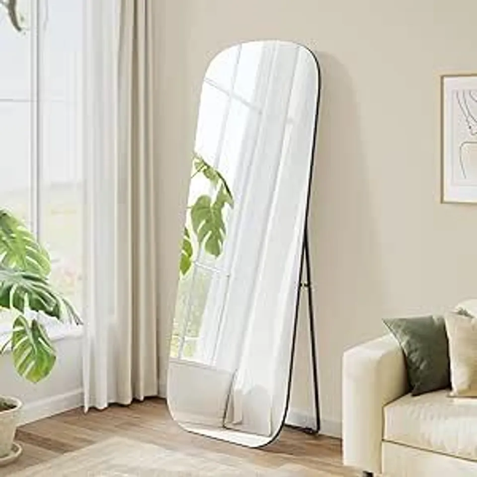 BOXED SONGMICS 160×50CM ROUNDED RECTANGLE FULL BODY FLOOR MIRROR WITH STAND, ALUMINIUM ALLOY FRAME, TEMPERED GLASS, INK BLACK
