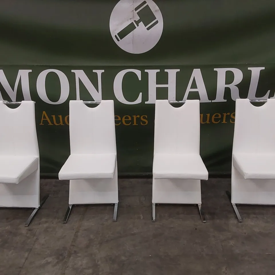 SET OF 4 DESIGNER MINIMALIST FAUX LEATHER DINING CHAIRS - WHITE/CHROME 