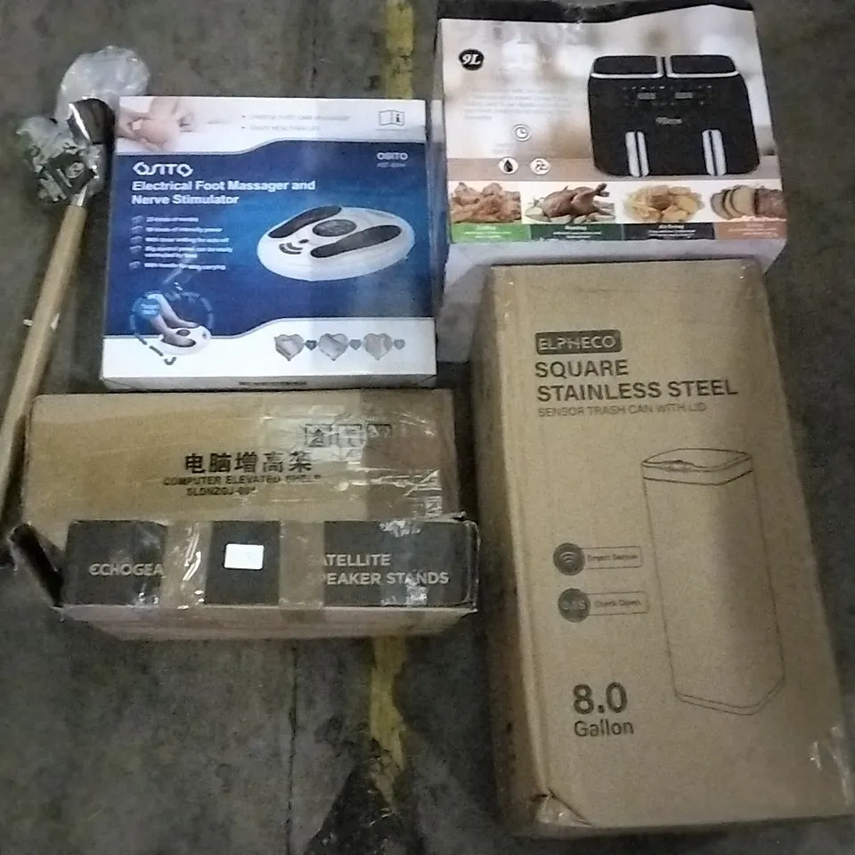 PALLET CONTAINING ASSORTED HOUSEHOLD ITEMS TO INCLUDE  STAINLESS STEEL TRASHCAN, ELECTRIC FOOT MASSAGER, 2 TRAY AIRFRYER, COMPUTER ELEVATED SHELF, SATELLITE SPEAKER STANDS, 3 PRONG CULTIVATOR 