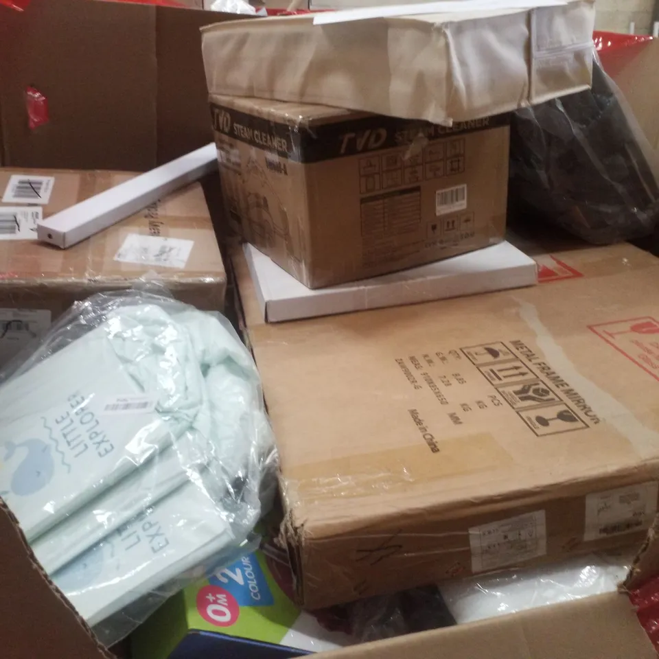 PALLET CONTAINING ASSORTED PRODUCTS INCLUDING OXYGEN CONCENTRATOR, RATTAN BABY WALKER, STEAM CLEANER & BOOSTER SEAT