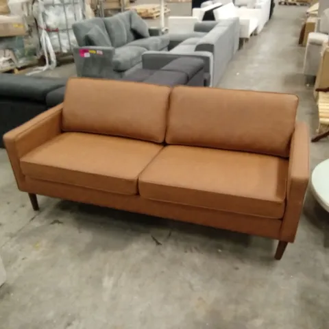 DESIGNER 3 SEATER FAUX LEATHER SOFA - TAN