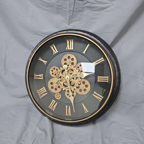 ROUND SKELETON WALL CLOCK WITH EXPOSED BRASS GEARS – BLACK FRAME - STEAMPUNK STYLE