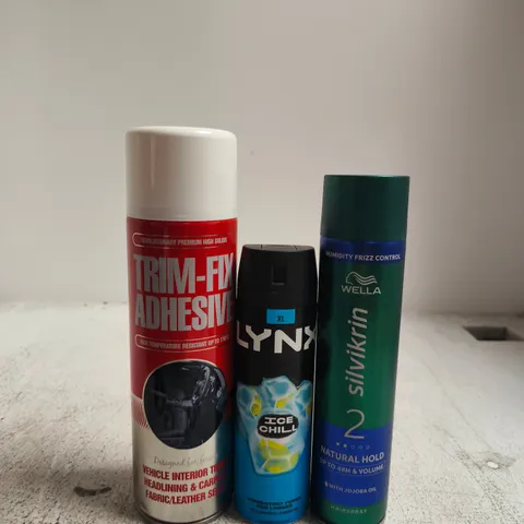 APPROXIMATELY 15 ASSORTED AEROSOLS TO INCLUDE LYNX , WELLA AND TRIM-FIX ADHESIVE