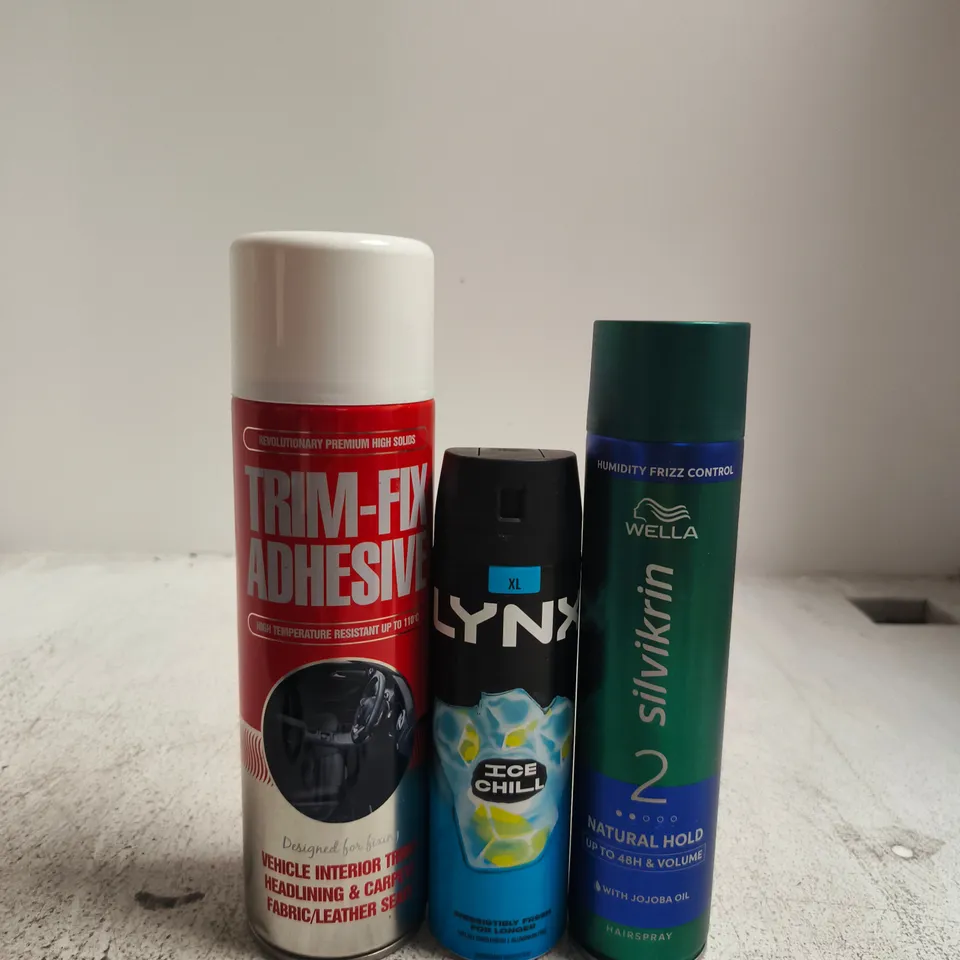 APPROXIMATELY 15 ASSORTED AEROSOLS TO INCLUDE LYNX , WELLA AND TRIM-FIX ADHESIVE