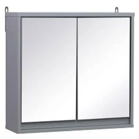 BOXED HOMCOM WALL MOUNTED MIRROR CABINET WITH STORAGE SHELF BATHROOM CUPBOARD DOUBLE DOOR - GREY