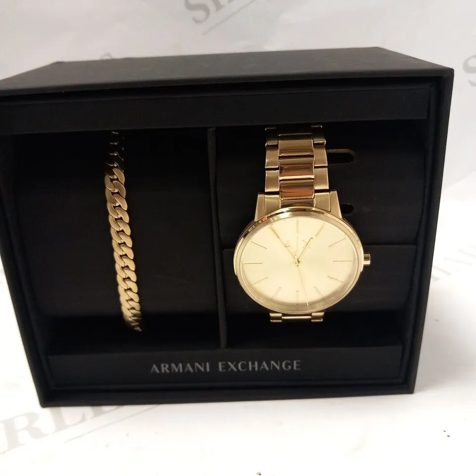 BOXED ARMANI EXCHANGEWOMENS CAYDE WATCH AND BRACELT SET