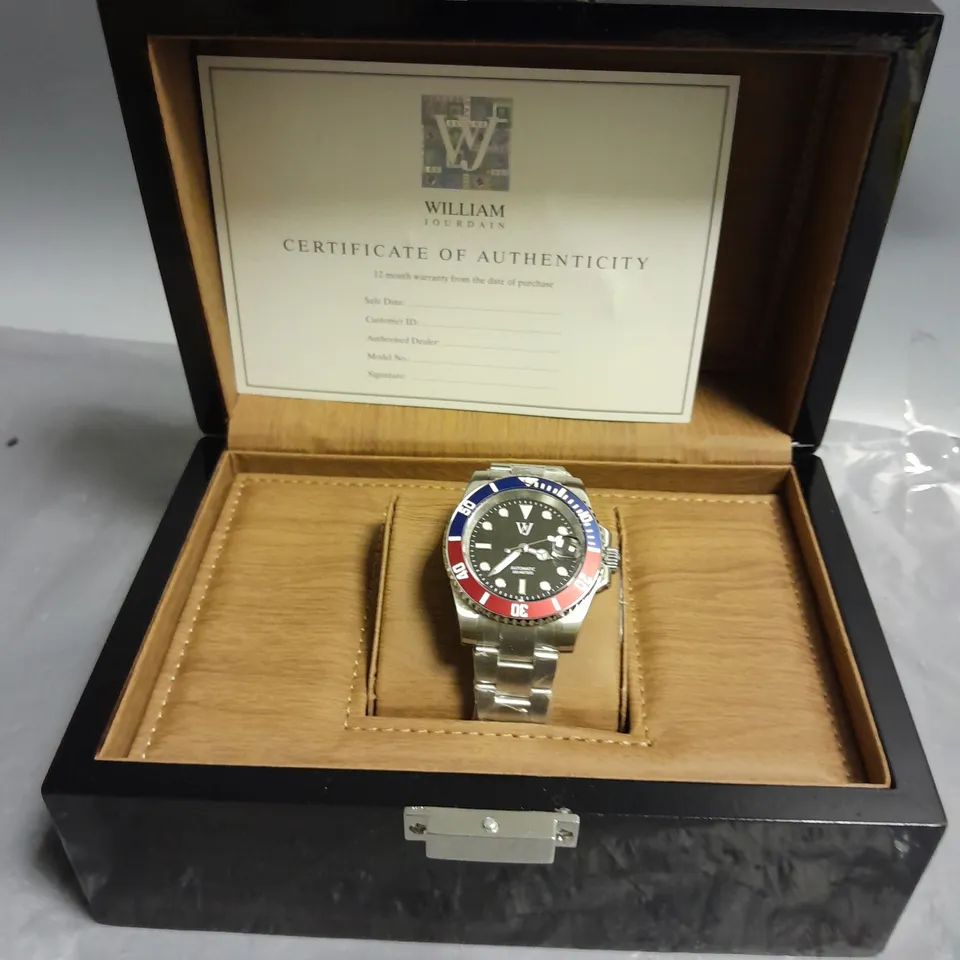 MENS WILLIAM JOURDAIN ULTRA DIVER NH35 AUTOMATIC MOVEMENT WATCH WITH STAINLESS STEEL CASE & STRAP, SAPPHIRE CRYSTAL & CERAMIC BEZEL IN LUXURY GIFT BOX