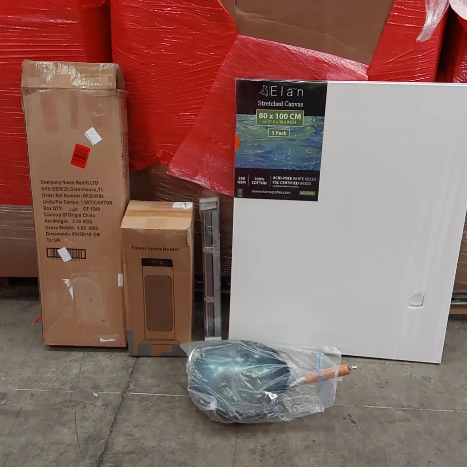 PALLET OF ASSORTED ITEMS INCLUDING: TOWER SPACE HEATERS, GREENHOUSE, VENITIAN BLINDS, 80 X 100CM STRETCHED CANVASES, WOK FRYING PAN 