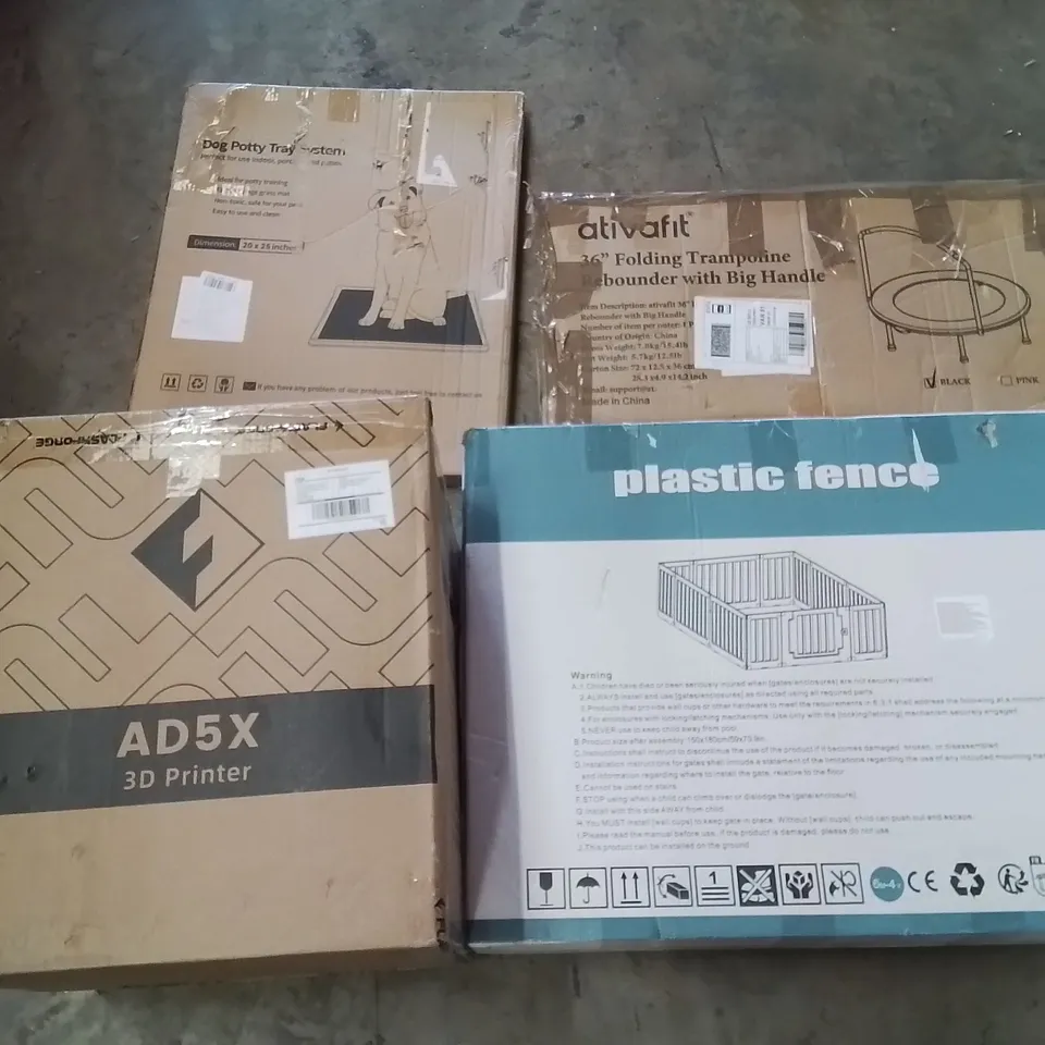 PALLET CONTAINING ASSORTED PRODUCTS INCLUDING 3D PRINTER, PLASTIC FENCE, 36" FOLDING TRAMPOLINE & POTTY TRAY SYSTEM