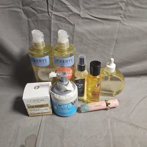 APPROXIMATEY 20 ASSORTED HEALTH AND BEAUTY PRODUCTS TO INCLUDE - PLOUISE STAY SHINING LIP OIL - CERAVE PSORIASIS MOISTURISING CREAM - L'OREAL AGE PERFECT CREAM - ETC