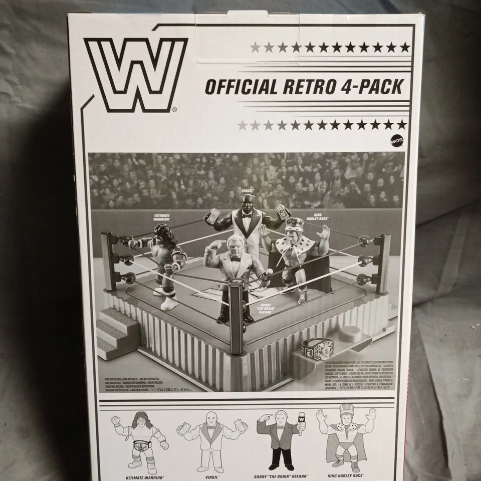 UNOPENED WWE OFFICIAL RETRO 4-PACK ACTION FIGURES – BOXED SET (ULTIMATE WARRIOR, VIRGIL, BOBBY 'THE BRAIN' HEENAN, KING HARLEY RACE)