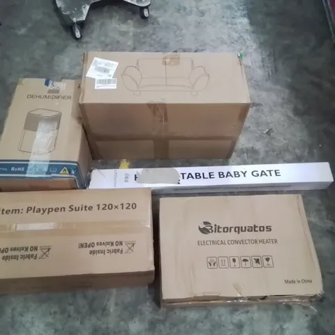 PALLET CONTAINING ASSORTED ITEMS TO INCLUDE: DEHUMIDIFIER, ELECTRICAL CONVECTOR HEATER, PET SOFA, PLAYPEN, RETRACTABLE BABY GATE ECT