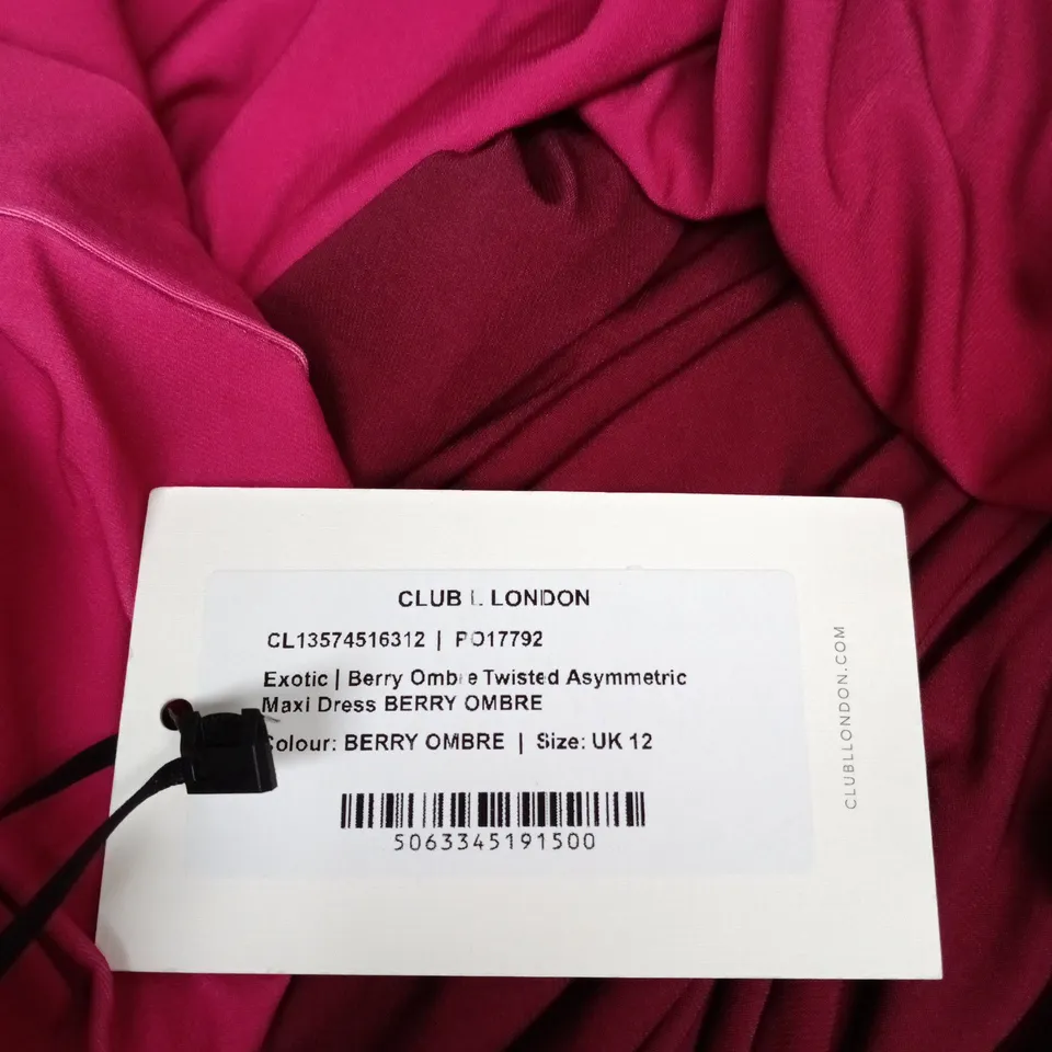 CLUB LONDON TWISTED ASYMMETRIC MAXI DRESS IN BERRY OMBRE – UK 12