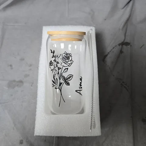 GLASS DECORATIVE BOTTLE WITH ROSE PRINT -- WITH  BRISTLE CLEANING BRUSH