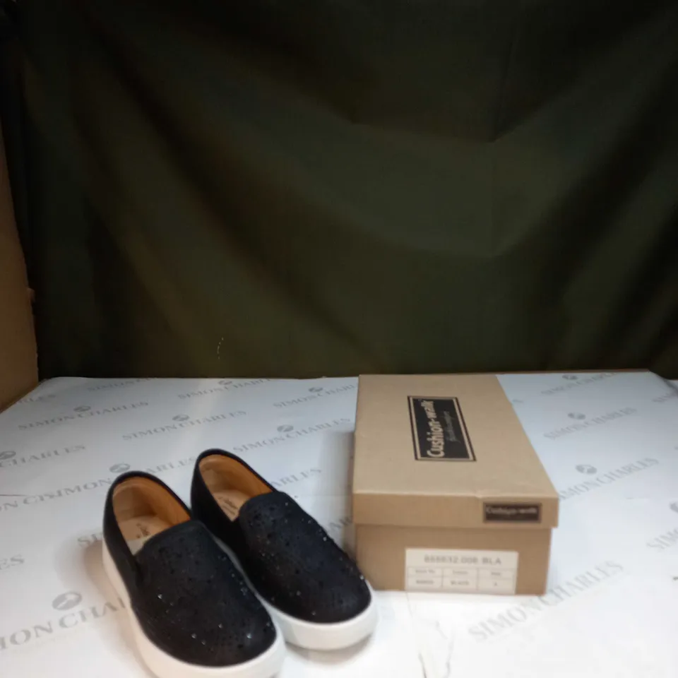 BOXED PAIR OF CUSHION WALK BLACK STUDDED SHOES - SIZE 6