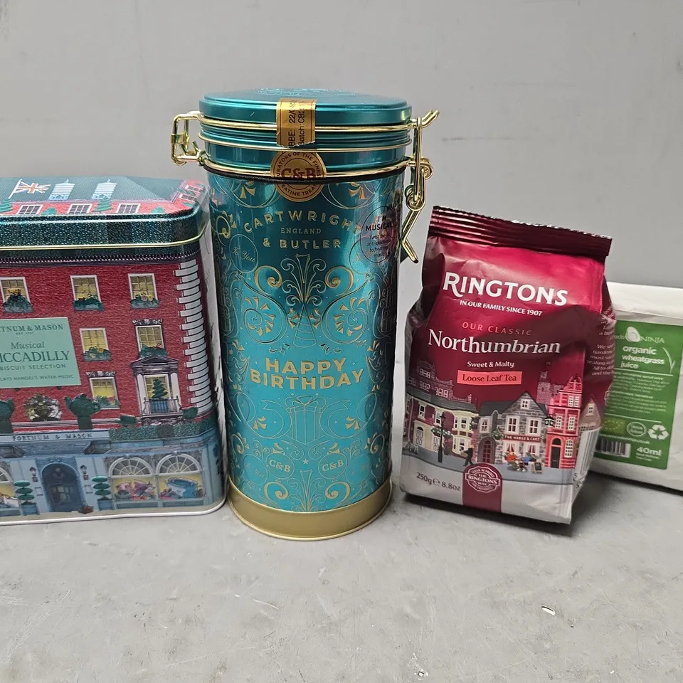 APPROXIMATELY 7 ASSORTED FOOD & DRINK ITEMS TO INCLUDE - ORGANIC WHEATGRASS JUICE ,RINGTONS NORTHUMBRIAN LOOSE LEAF TEA , FORTNUM & MASON PICCADILLY BISCUIT SELECTION ETC