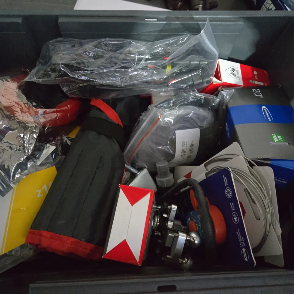 box of assorted car items to include tools - cables - inner tubes 