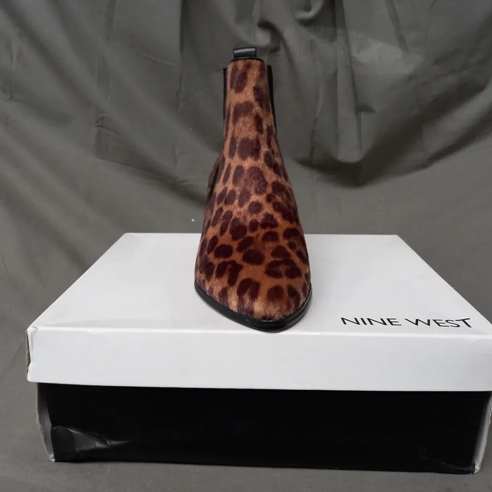 BOXED PAIR OF NINE WEST TAYE SYNTHETIC ANKLE BOOTS IN ANIMAL PRINT EU SIZE 35