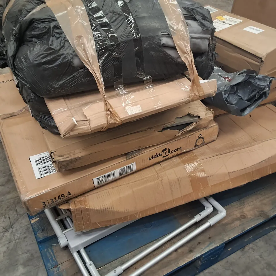 PALLET OF ASSORTED ITEMS TO INCLUDE FLAT PACK FURNITURE PARTS AND ELECTRIC CLOTHES AIRER 