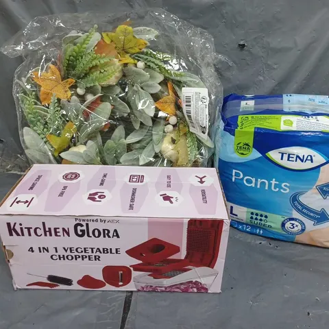 APROXIMATELY 20 ASSORTED HOUSEHOLD ITEMS TO INCLUDE TENA PANTS, 4IN1 VEGETABLE CHOPPER, WREATH, ETC