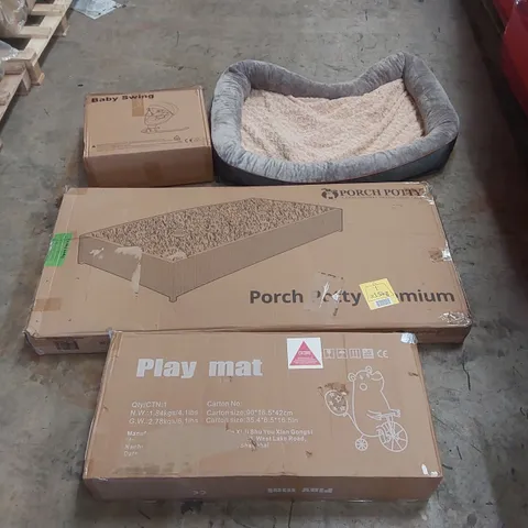 PALLET OF ASSORTED ITEMS INCLUDING: PORCH POTTY PREMIUM, PLAYMAT, BABY SWING, LARGE PET BED ECT