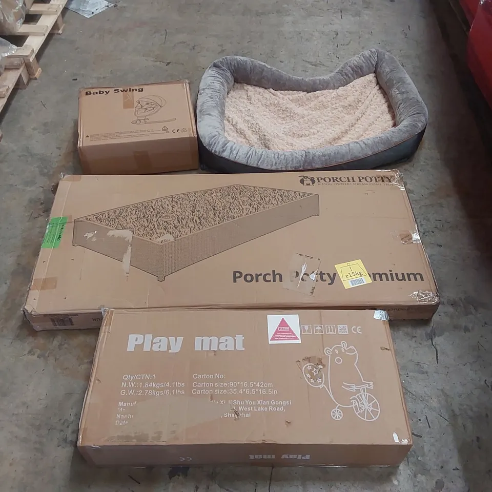 PALLET OF ASSORTED ITEMS INCLUDING: PORCH POTTY PREMIUM, PLAYMAT, BABY SWING, LARGE PET BED ECT