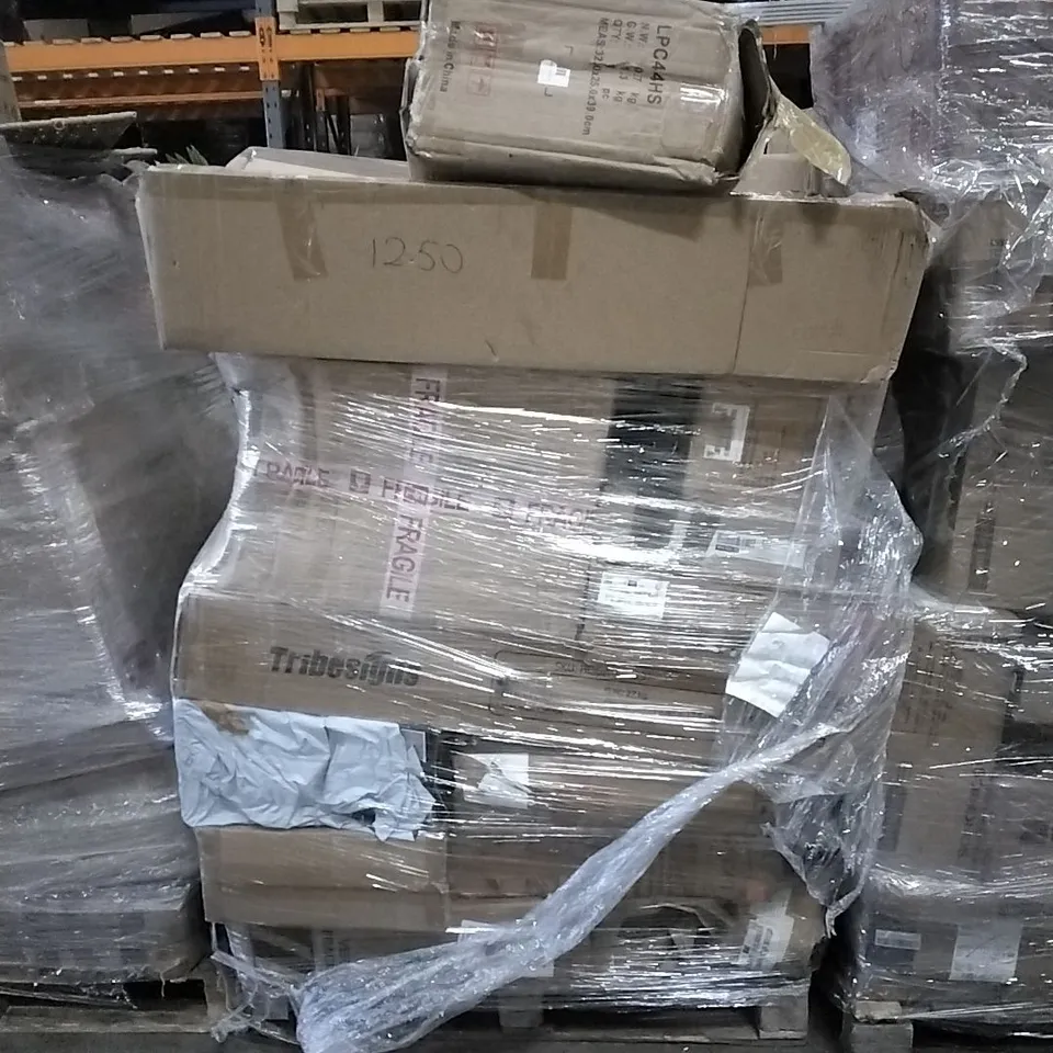 PALLET OF HOUSEHOLD ITEMS TO INCLUDE ADJUSTABLE DUMBBELL, PLASTIC CUBE STORAGE, FAUX PALM TREE AND OTHER ASSORTED ITEMS...