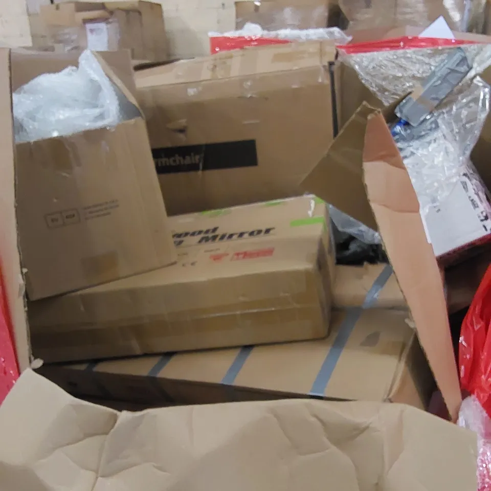 PALLET TO CONTAIN ASSORTED HOUSEHOLD PRODUCTS. INCLUDES MAKEUP MIRROR, ARMCHAIR, DISCO BALL, BOXED FURNITURE ETC