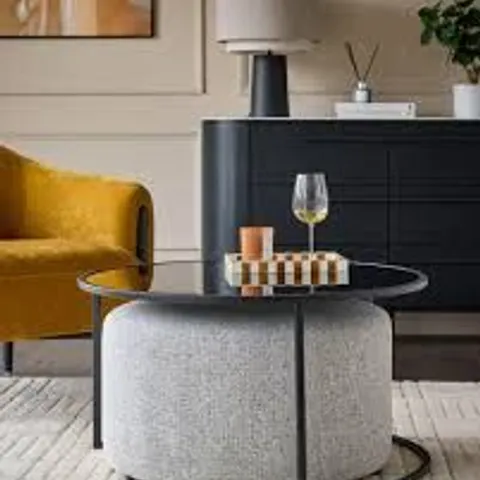 BOXED DANETTI THEA SMOKED MIRROR COFFEE TABLE AND LIGHT GREY FABRIC POUFFE SET