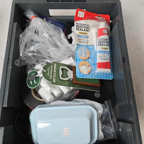 BOX CONTAINING A MIX OF 15 ASSORTED ITEMS INCLUDING BOTTLE OPENER, SILICONE SEALANT, SMALL TRAYS ETC.