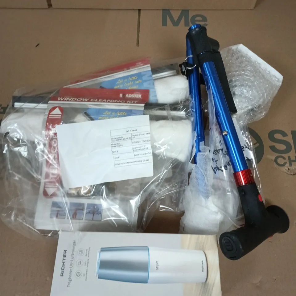 APPROXIMATELY 15 ASSORTED HOUSEHOLD ITEMS TO INCLUDE WALKING CANE, WINDOW CLEANER, AIR PURIFIER ETC