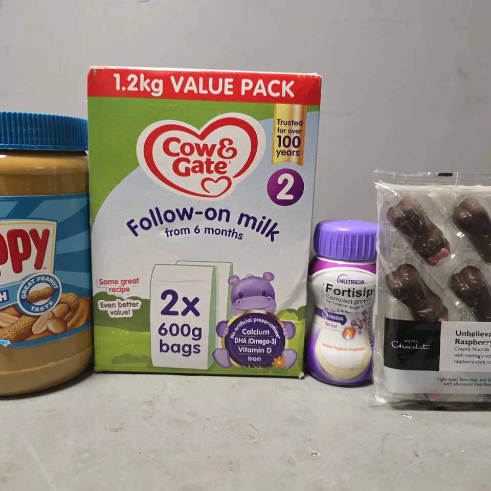 APPROXIMATELY 6 ASSORTED FOOD & DRINK ITEMS TO INCLUDE - SKIPPY , COW & GATE 6 MONTHS FOLLOW ON MILK , HOTEL CHOCOLAT VEGAN RASPBERRY ETC