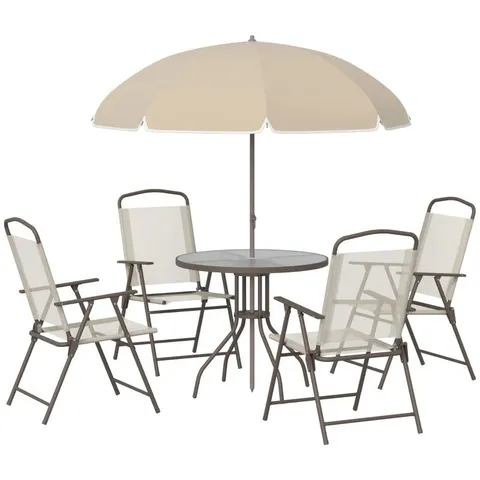 BOXED OUTSUNNY GARDEN PATIO TEXTELINE FOLDING CHAIRS PLUS TABLE AND PARASOL FURNITURE BISTRO SET 6 PIECES - COFFEE/CREAM