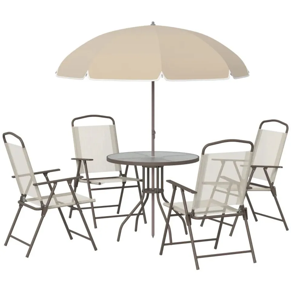BOXED OUTSUNNY GARDEN PATIO TEXTELINE FOLDING CHAIRS PLUS TABLE AND PARASOL FURNITURE BISTRO SET 6 PIECES - COFFEE/CREAM