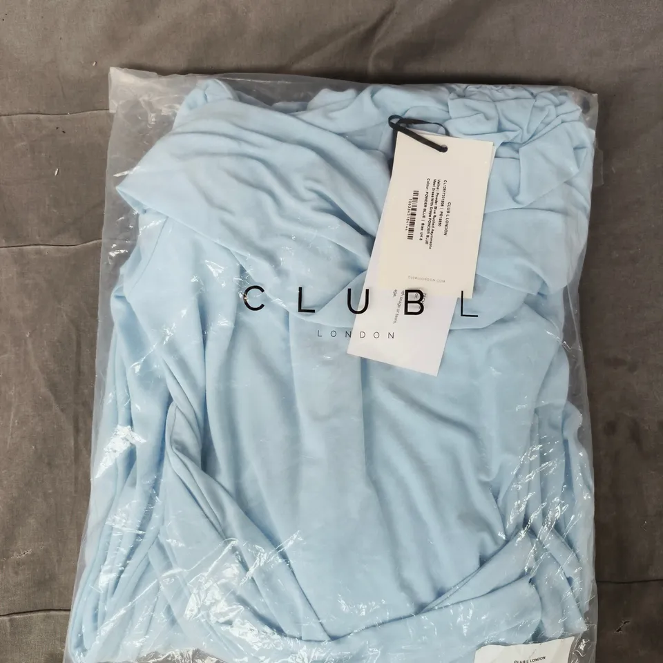 BAGGED CLUBL POWDER BLUE RUCHED ASYMMETRIC MAXI DRESS WITH DRAPE SIZE UK 8