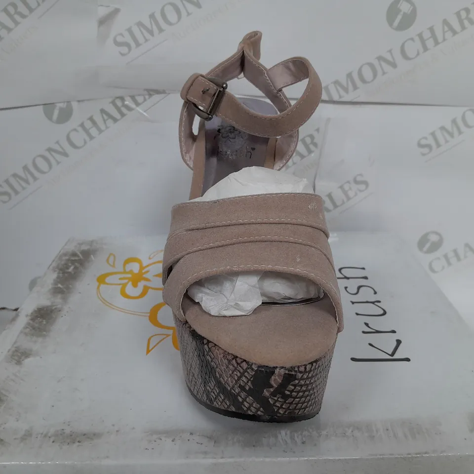BOXED PAIR OF KRUSH OPEN TOE STRAP PLATFORM SHOES IN MINK - SIZE 5