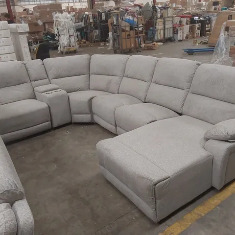 QUALITY DESIGNER FABRIC UPHOLSTERED CORNER SOFA WITH RECLINER, CUP HOLDERS AND STORAGE