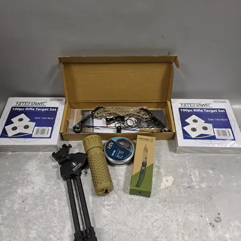 APPROXIMATELY 10 ASSORTED AIRSOFT/HOBBYIST PRODUCTS TO CONTAIN RIFLE TARGET SET, OPINEL KNIFE, PELLETS ETC - COLLECTION ONLY  