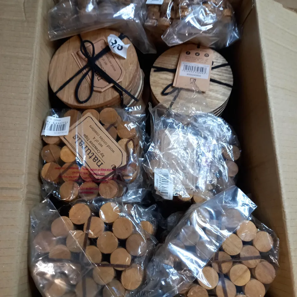 BOX OF APPROXIMATELY 30 PACKS OF NATURALS SET OF 6 WOODEN COASTERS