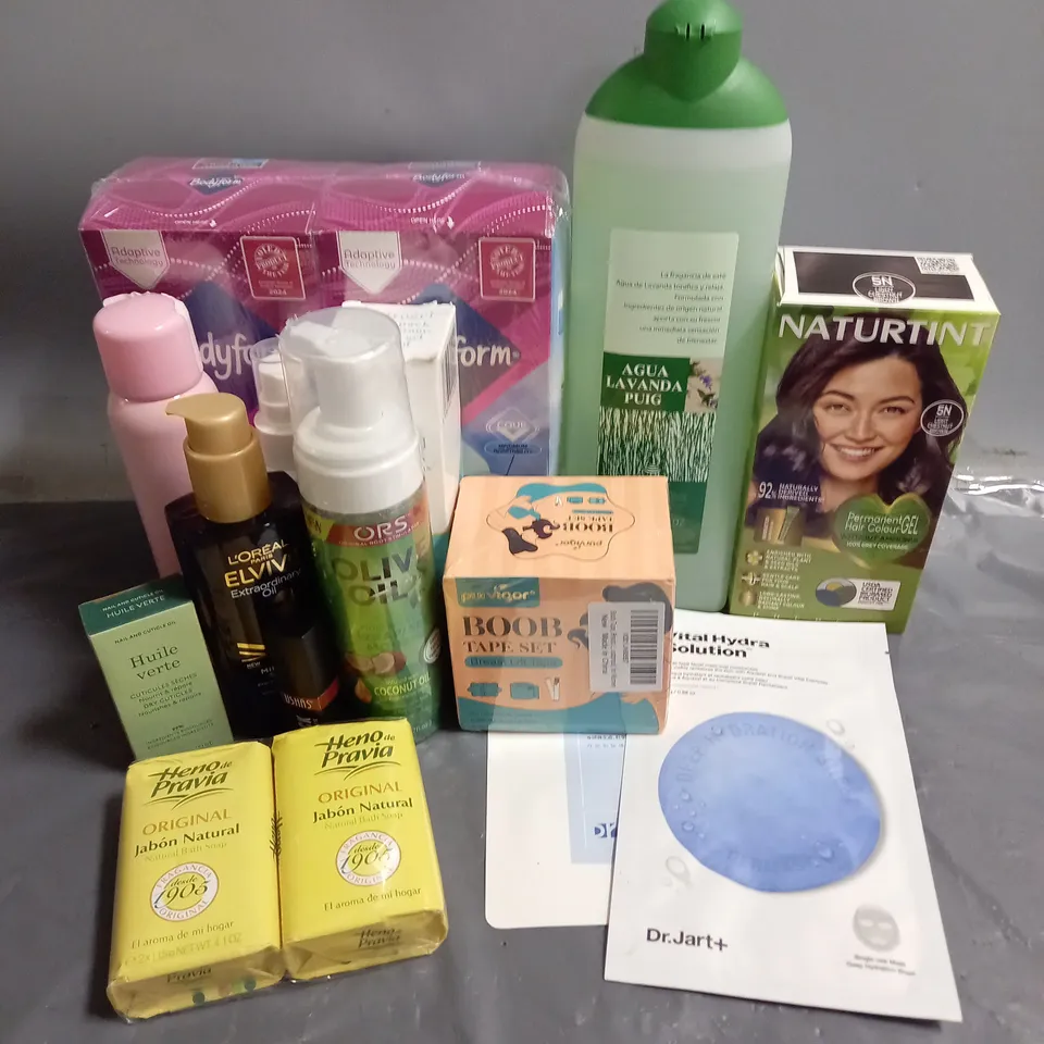 APPROXIMATELY 20 ASSORTED COSMETIC PRODUCTS TO INCLUDE - NATURTINT LIGHT CHESNUT BROWN PERMANENT HAIR COLOUR - PURVIGOR BOOB TAPE SET - OESTROGEL PUMP PACK 750 MICROGRAMS TRANSDERMAL GEL - ETC 