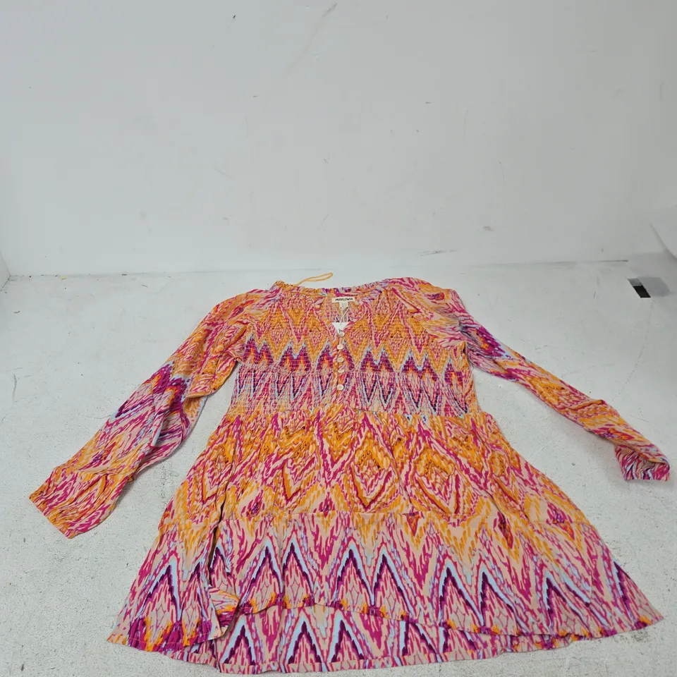 MUDFLOWER WOMEN'S DRESS - UK 12 (EU 40, US 8) PINK/ORANGE ZIGZAG PRINT, LONG-SLEEVE