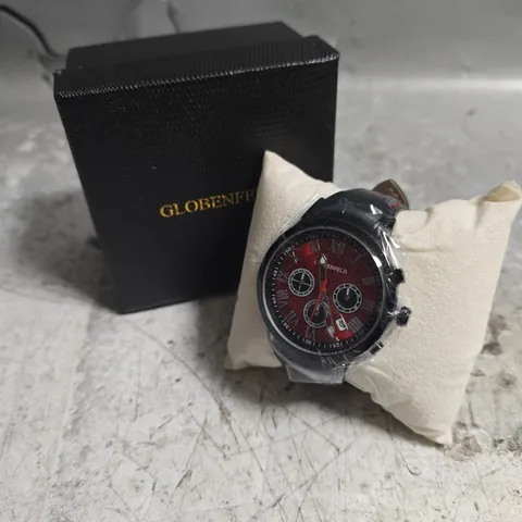 BOXED GLOBENFELD ROMAN CHRONOGRAPH WATCH WITH RED DIAL 