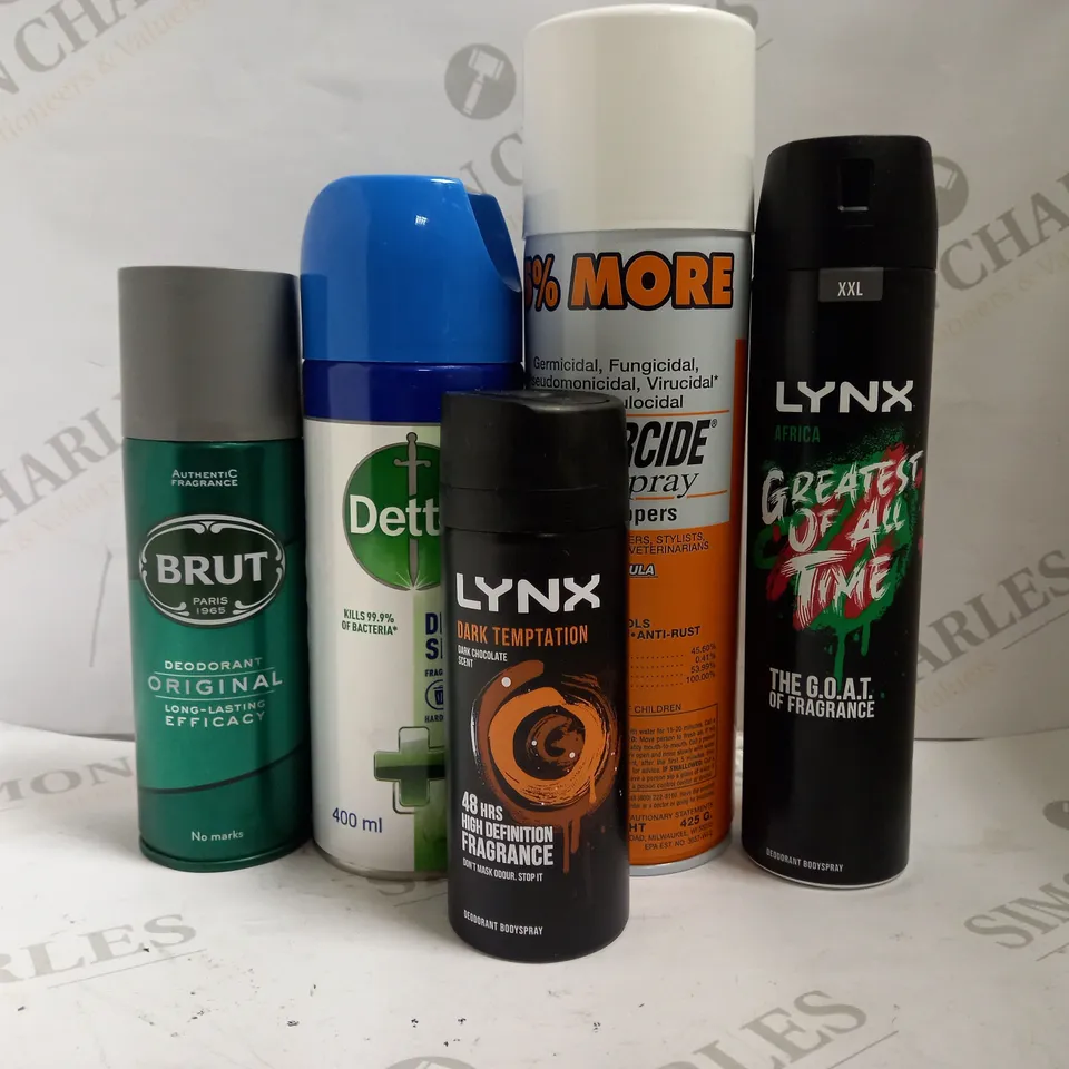 BOX OF APPROX 10 ASSORTED AEROSOLS INCLUDING DETTOL DISINFECTANT SPRAY, LYNX DARK TEMPTATION AND BRUT ORIGINAL - COLLECTION ONLY