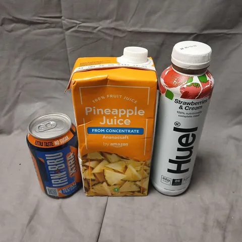 APPROXIMATELY 10 ASSORTED FOOD ITEMS TO INCLUDE - IRN BRU, HUEL AND PINEAPPLE JUICE