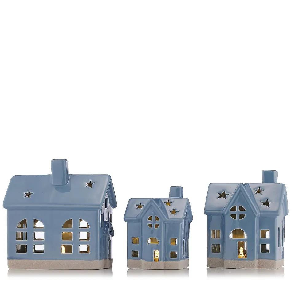 HOME STORIES SET OF 3 PRE-LIT HOUSES IN BLUE